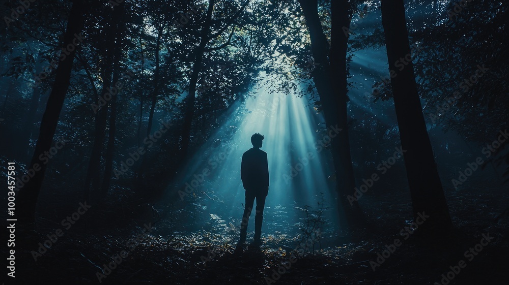 A Solitary Figure Standing in a Sunlit Forest Clearing