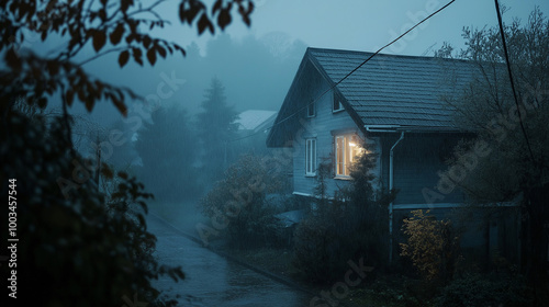 Lonely house with glowing window during a dark and foggy night