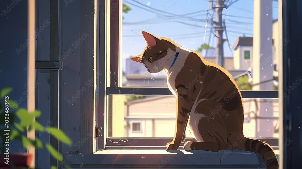 A serene tabby cat sits on a windowsill, basking in the warm sunlight ...