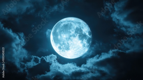 Full Moon Shining Through Wispy Clouds in a Night Sky