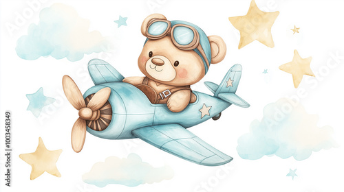 Cute teddy bear flying a blue plane in the sky illustration photo