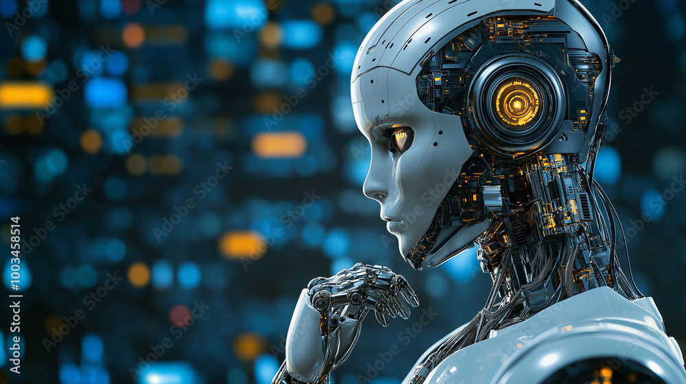 White and chrome ai android contemplating on blue background White and chrome ai android contemplating on blue background