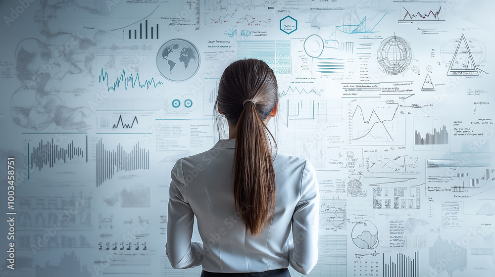 Businesswoman analyzing financial data on transparent screen Businesswoman analyzing financial data on transparent screen