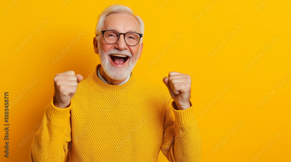 Happy senior man wearing glasses is celebrating success with clenched fists on yellow background Happy senior man wearing glasses is celebrating success with clenched fists on yellow background