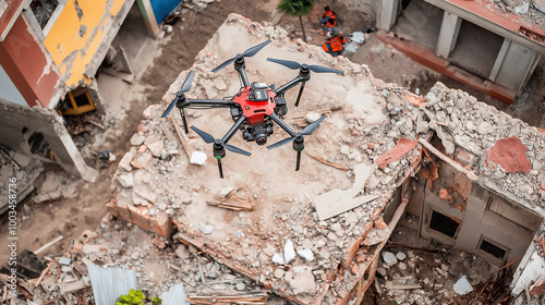 Search and rescue drone flying over destroyed building rubble