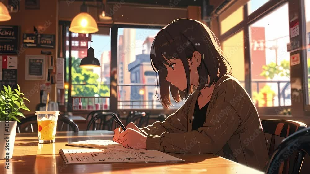 A lofi girl with short black hair thoughtfully studies a menu in a cozy caf�, bathed in warm sunlight seamless loop animation created with generative ai A lofi girl with short black hair thoughtfully studies a menu in a cozy caf�, bathed in warm sunlight seamless loop animation created with generative ai