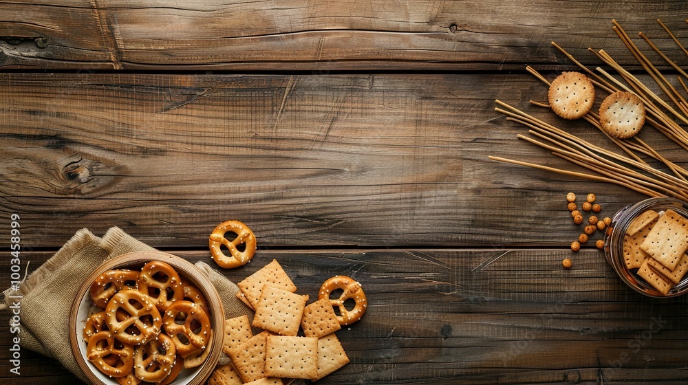 Delicious Snacks on Display: Pretzel Crackers and Salty Sticks on a Wooden Table, Flat Lay Delicious Snacks on Display: Pretzel Crackers and Salty Sticks on a Wooden Table, Flat Lay