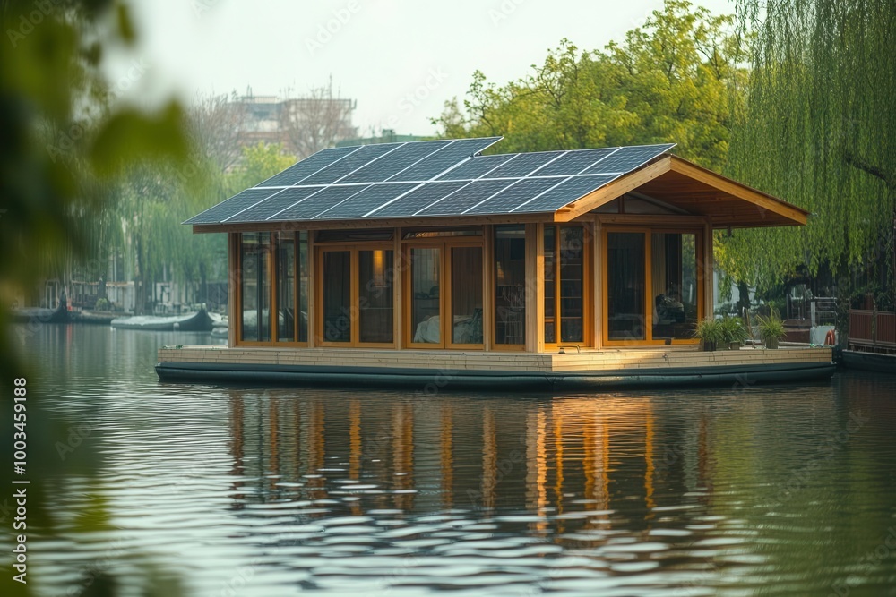 Solar-powered floating house on a river, with sustainable materials and rainwater collection, Floating river eco-home, low-impact water architecture Solar-powered floating house on a river, with sustainable materials and rainwater collection, Floating river eco-home, low-impact water architecture