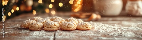 Delicious cookies dusted with flour, set on a rustic wooden table, perfect for holiday celebrations and cozy gatherings.