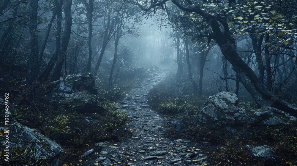 Fototapeta premium A Stone Path Through a Misty Forest