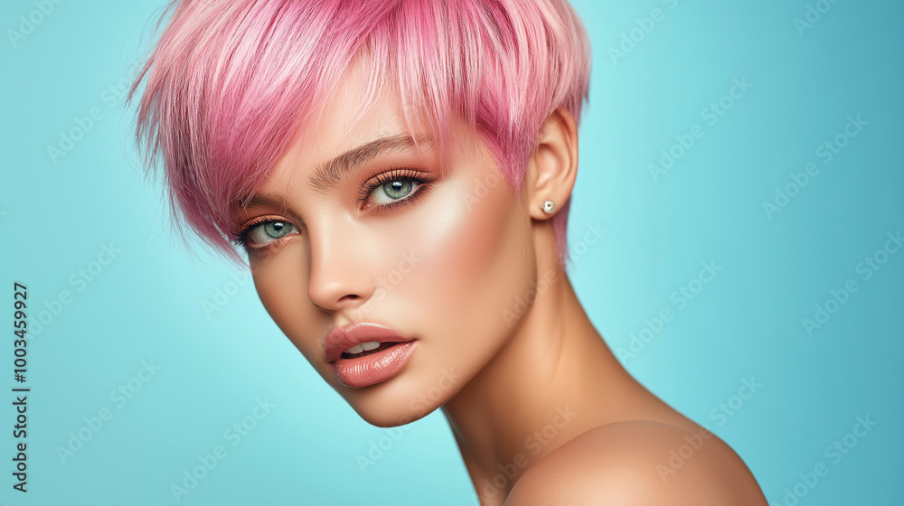 Beautiful young woman with short pink hair posing in studio with blue background Beautiful young woman with short pink hair posing in studio with blue background