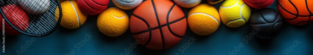 Fototapeta premium A basketball, tennis balls and a badminton racket on a blue background.