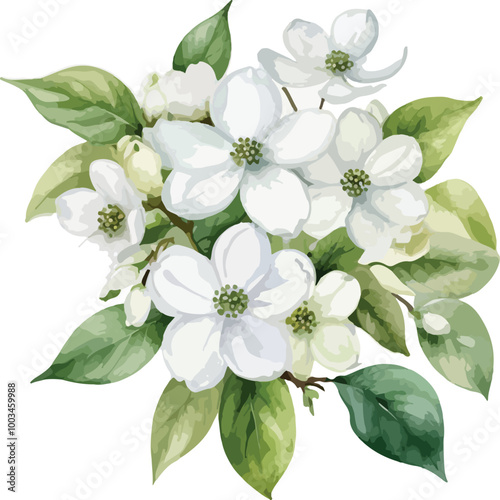Beautiful Watercolor white flowers Dogwood Blossom with green leaf vector illustration
