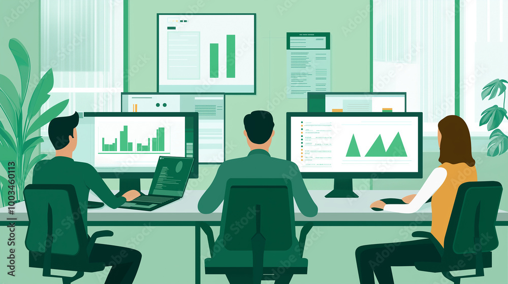 Programmers working in open space office using agile methodology for software development