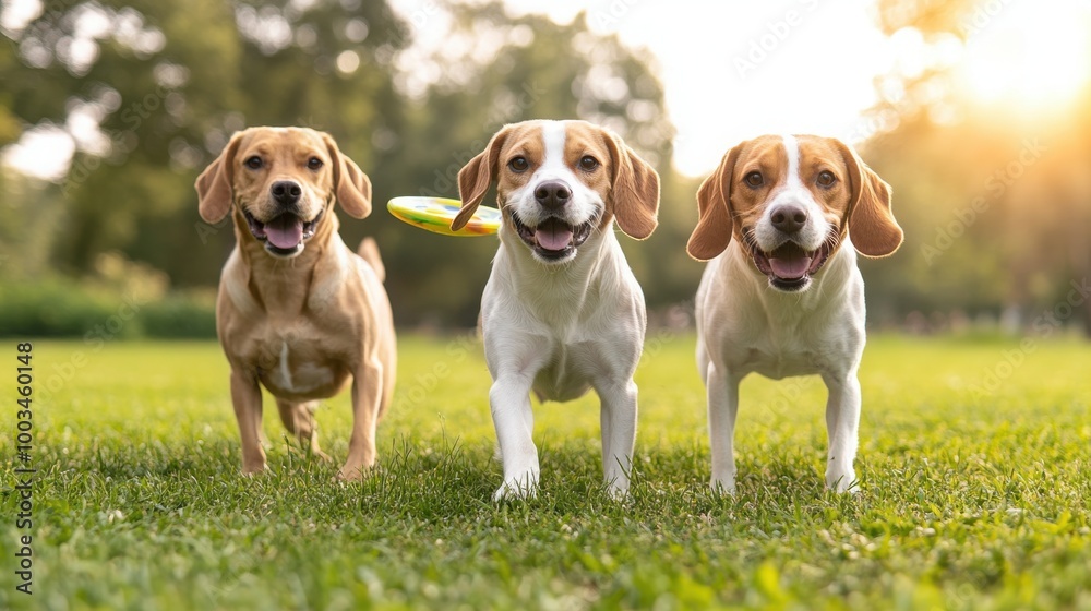 Three happy dogs running together on green grass during sunset. Three happy dogs running together on green grass during sunset.