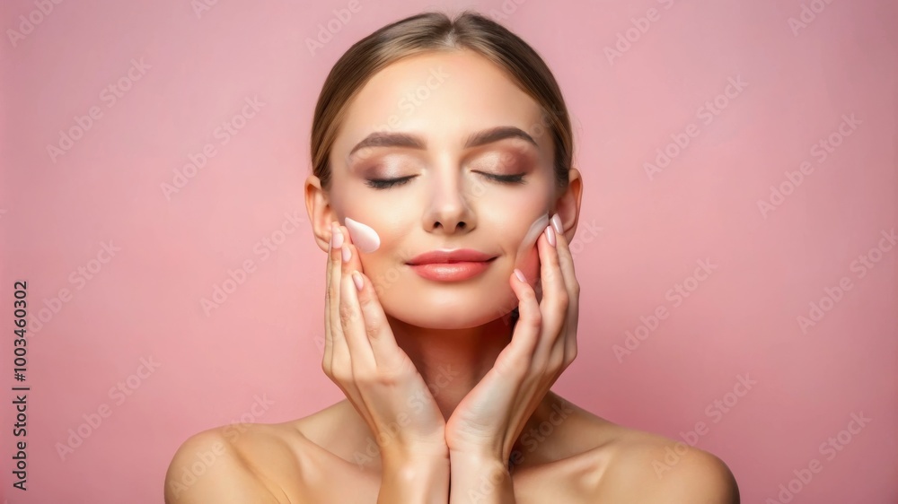 Happy Woman Enjoying Skincare Routine in a Cozy Bathroom with Radiant Smile with pink background Happy Woman Enjoying Skincare Routine in a Cozy Bathroom with Radiant Smile with pink background