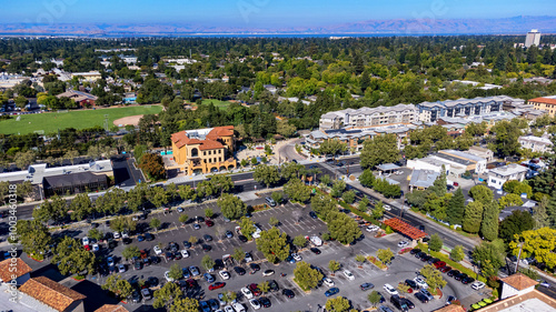 Aerial view of mixed use commercial and residential development in Menlo Park, California, at the intersection of El Camino Real and Middle Avenue.