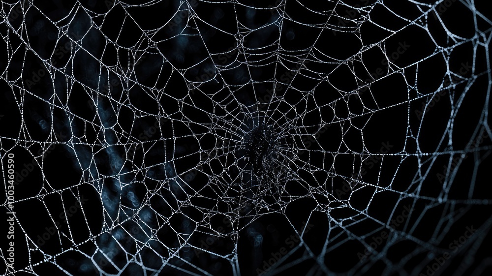 A Spider Web Covered in Dew Drops Against a Dark Background A Spider Web Covered in Dew Drops Against a Dark Background