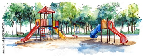 Watercolor sketch of a children's playground in the park.