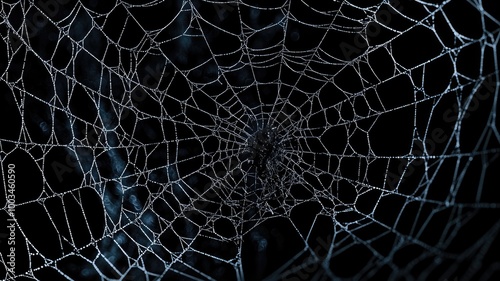 A Spider Web Covered in Dew Drops Against a Dark Background