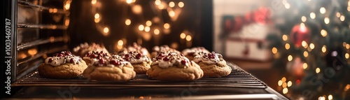Freshly baked cookies in the oven, perfect for holiday celebrations and cozy gatherings, adorned with festive decorations.