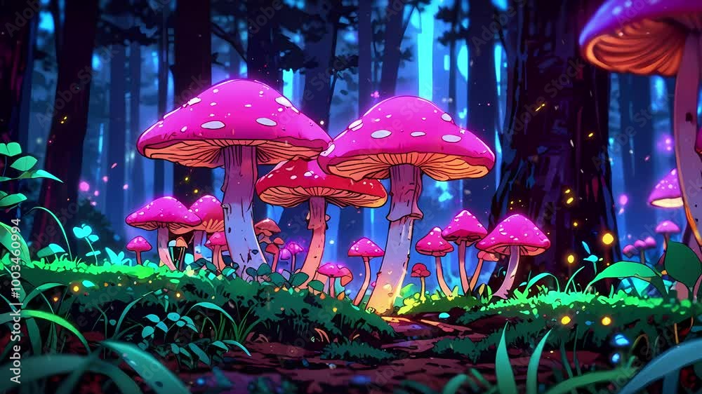 A magical forest scene featuring vibrant pink mushrooms amidst lush ...