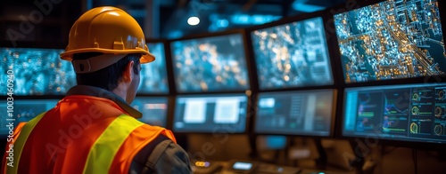 A worker in an oil and gas control room with multiple monitors displaying location maps, data graphs, and visualization graphics, wearing a hard hat and an orange safety vest