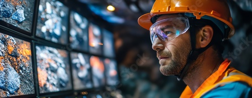 A mining worker wearing a helmet is working on a computer with multiple screens displaying images of rocks and a map, in a close-up shot