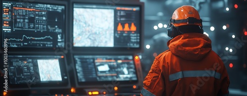 Cinematic shot of an oil and gas worker working in the control room with several monitors displaying technical data, maps, or cartography on the screen, wearing a helmet