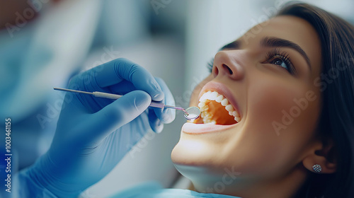 Dentist examining patient's teeth with dental instruments in clinic