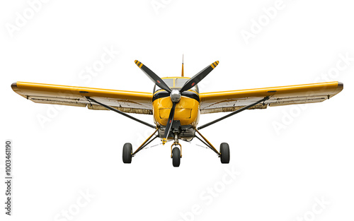 yellow airplane with propeller flying on a transparent background.