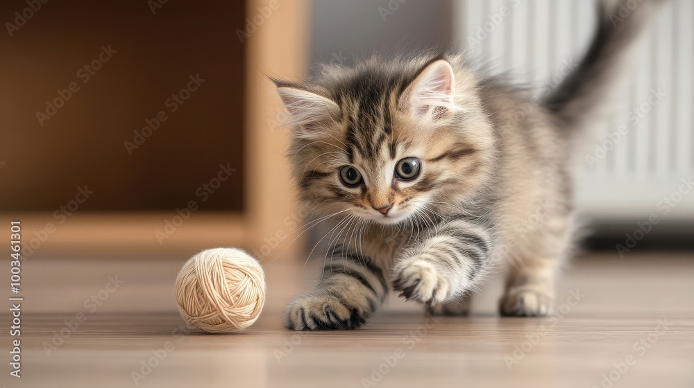 Playful kitten approaching a yarn ball on a wooden floor, soft focus background. Playful kitten approaching a yarn ball on a wooden floor, soft focus background.