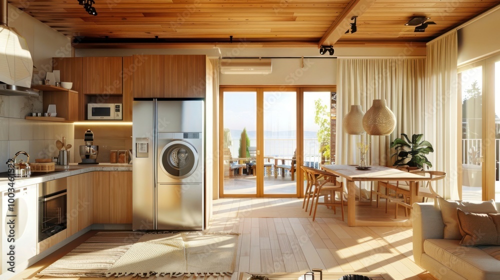Spacious living room and stylish Kitchen overlooking a comfortable dining area AI generated image Spacious living room and stylish Kitchen overlooking a comfortable dining area AI generated image