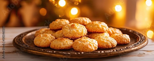 A delicious plate of golden cookies, perfect for celebrations and gatherings, brought to life with warm festive lights in the background.