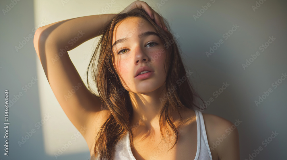 Portrait of a gorgeous young woman with freckles posing in the sunlight Portrait of a gorgeous young woman with freckles posing in the sunlight