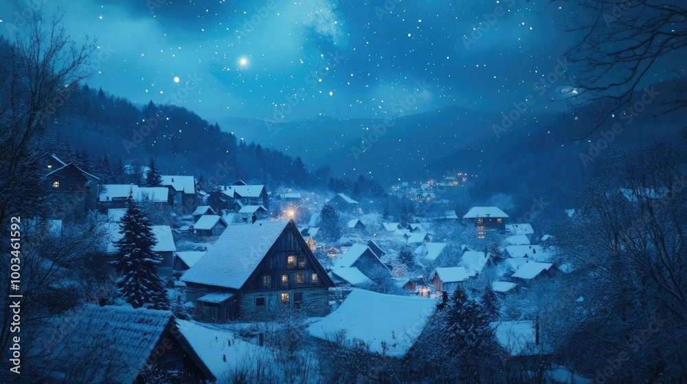 Fototapeta premium A serene winter village illuminated under a starlit sky, surrounded by snow-covered mountains and peaceful nature.