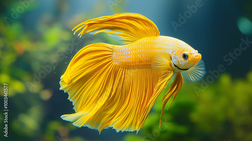 Yellow siamese fighting fish swimming in aquarium photo