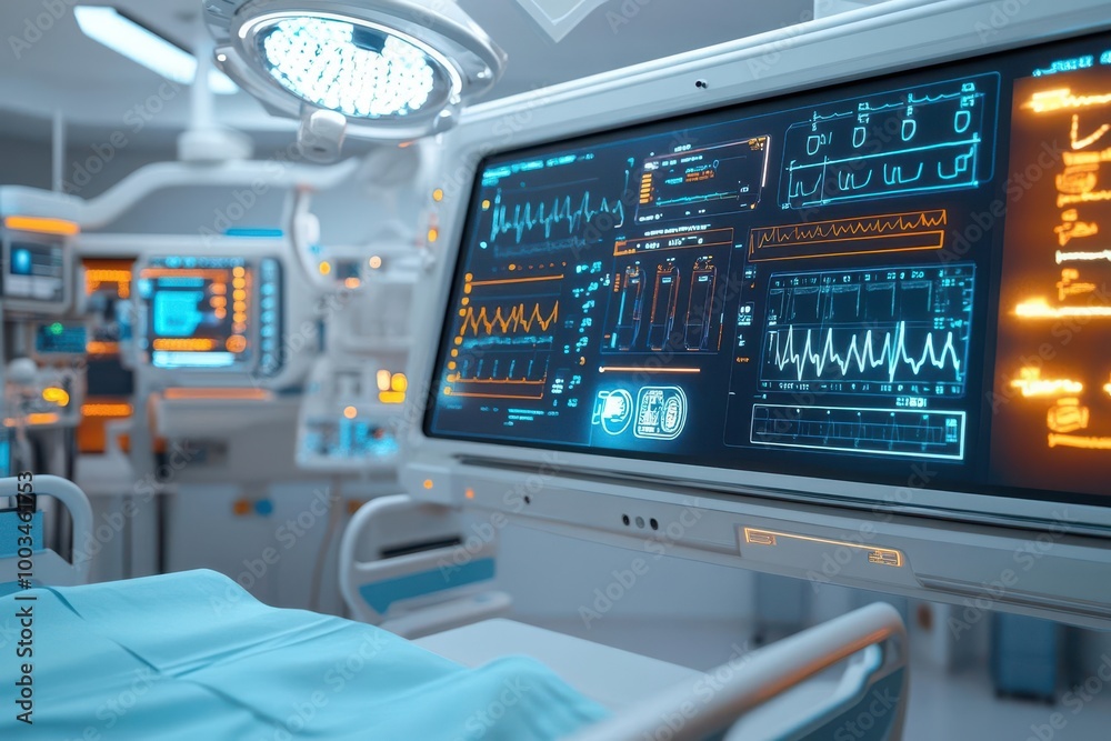 Fototapeta premium Advanced flu cure technology, augmented reality diagnostics, futuristic hospital room, glowing screens