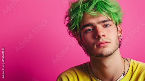 Young man with green hair posing on pink background