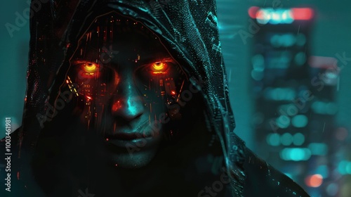 Mysterious cyberpunk cyborg man with black hoodie and glowing eyes wallpaper AI generated image