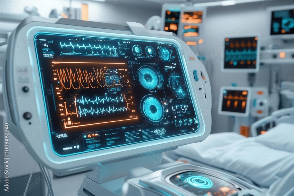 Real-time eye infection control, digital holographic interface, futuristic hospital room, glowing tech environment Real-time eye infection control, digital holographic interface, futuristic hospital room, glowing tech environment