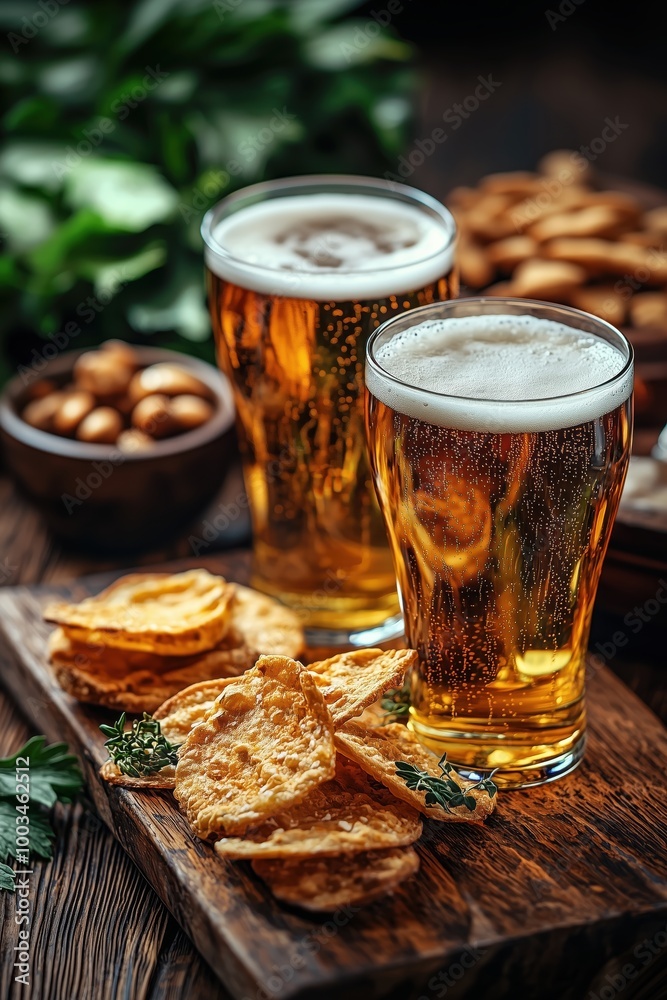 Two glasses of beer with assorted snacks. Two glasses of golden beer alongside assorted snacks, displayed in a natural setting, offering a refreshing and casual experience for socializing. Two glasses of beer with assorted snacks. Two glasses of golden beer alongside assorted snacks, displayed in a natural setting, offering a refreshing and casual experience for socializing.