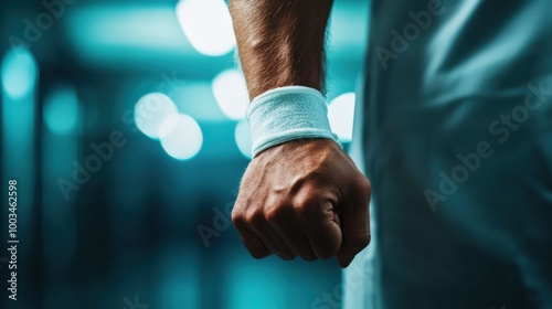 Close-up of a clenched fist, athletic wristband, dramatic blurred background