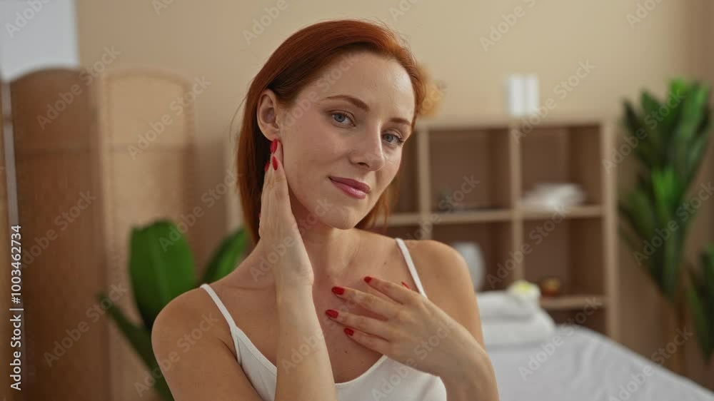 Young woman with red hair in a spa room with plants and a bamboo divider, touching her face and chest, looking relaxed and attractive Young woman with red hair in a spa room with plants and a bamboo divider, touching her face and chest, looking relaxed and attractive