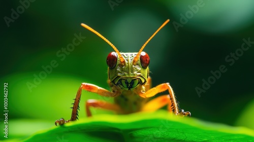 Close-up of vibrant grasshopper on green leaf in natural habitat.