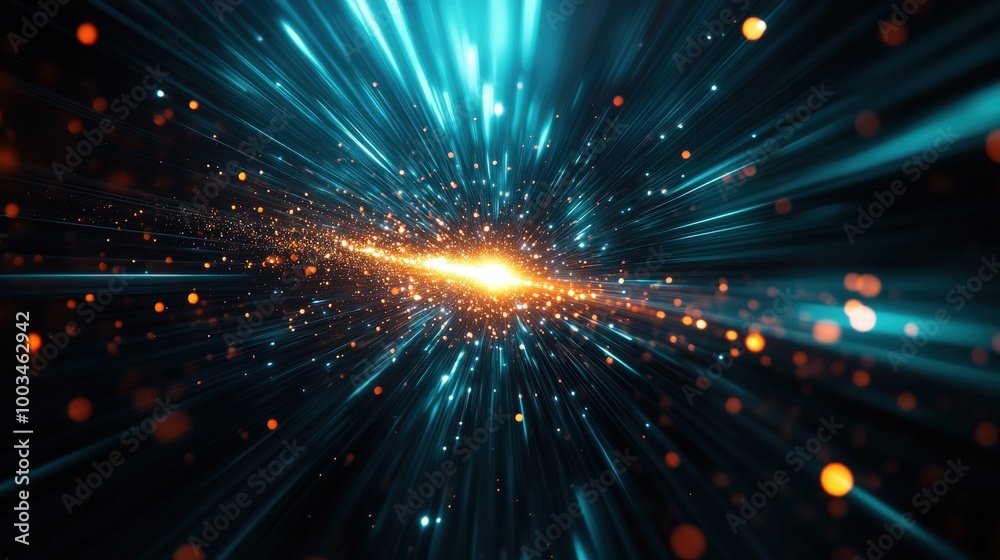 Naklejka premium Dynamic light explosion with glowing particles and rays on a dark background.