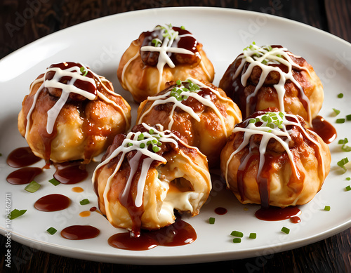 realistic image of freshly made Japanese Takoyaki photo