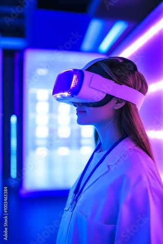 Medical professional using VR headset for virtual patient simulation in a futuristic training center