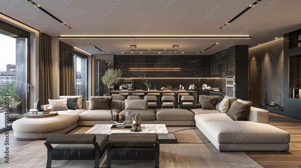 Fototapeta premium Luxurious living room and dining area with comfortable sofa and armchairs AI generated image