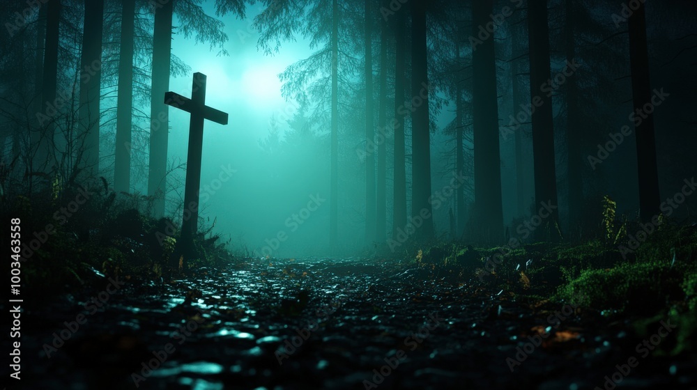 Mysterious forest path with a cross, shrouded in fog and dim light. Mysterious forest path with a cross, shrouded in fog and dim light.